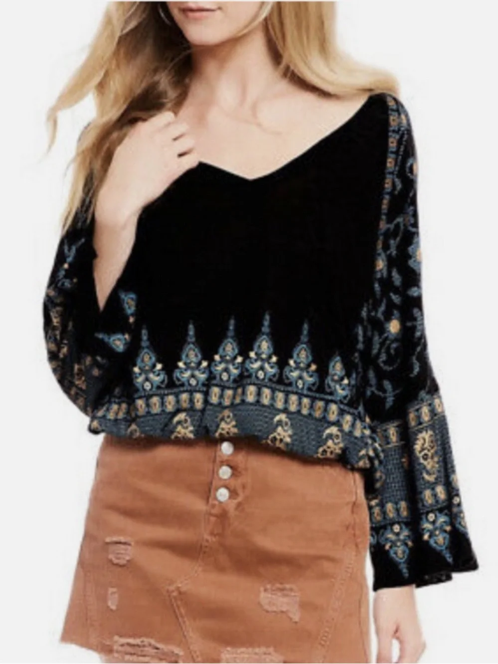 Free People Medallion Printed Dolman Boho Blouse V-Neck Black Blue, size Small